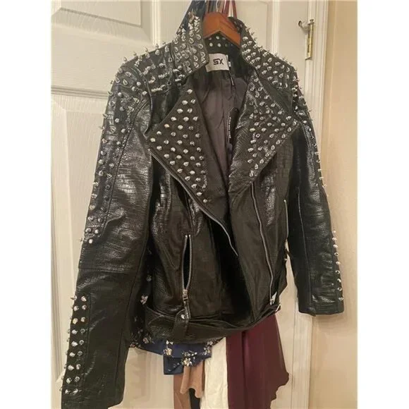 Women's Punk Faux Leather PU Black Jacket Studded Rivet Fashion Streetwear Coat - Picture 7 of 7